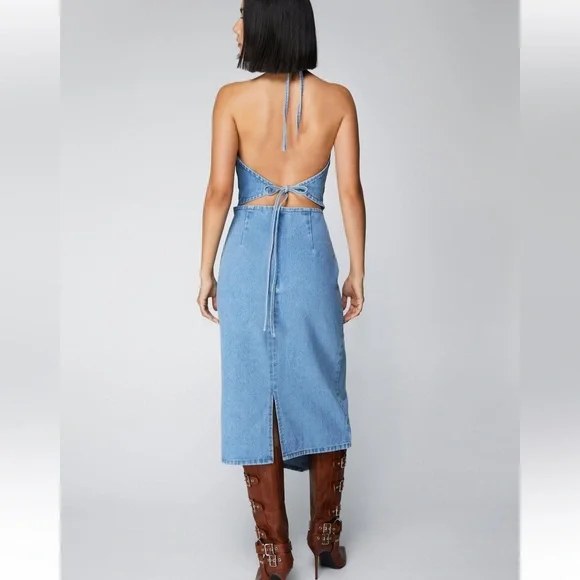 NWT Nasty gal Denim Tie Back Halter Midi Dress - Picture 4 of 9